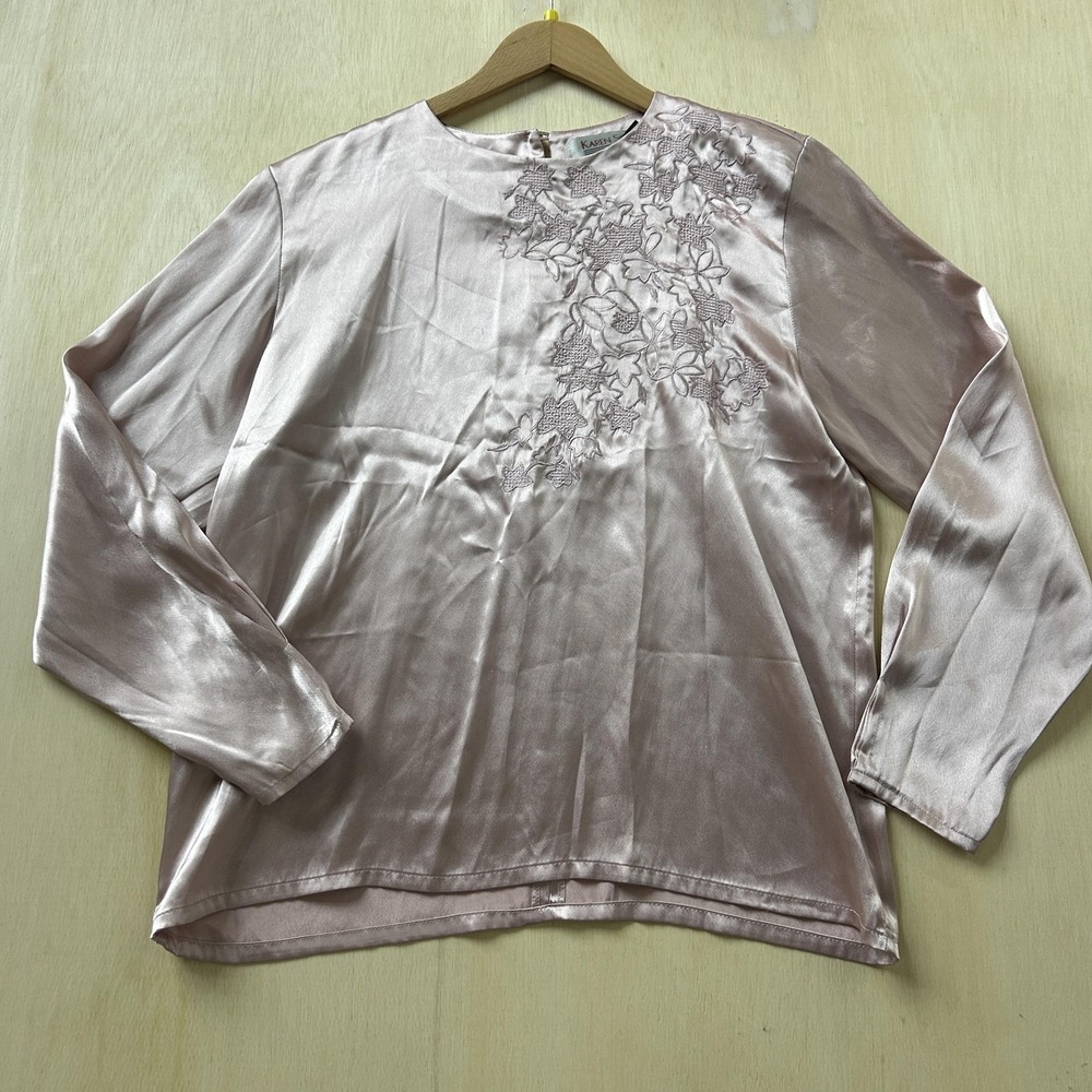 Vintage Karen Scott Blouse Womens 6 Pink Satin Floral Embroidered Long Sleeve